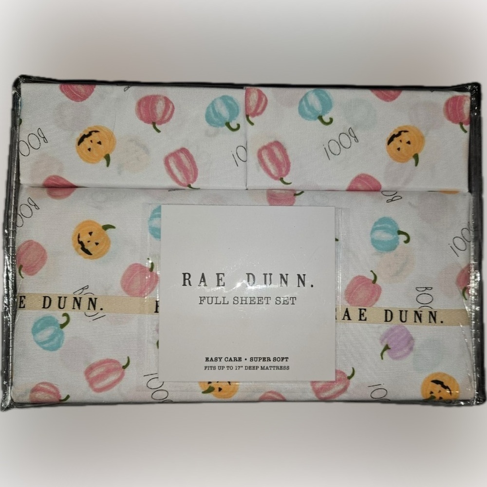 NWT Rae Dunn Halloween FULL Size Sheet Set w/BOO! Pumpkins Pastels 🎃